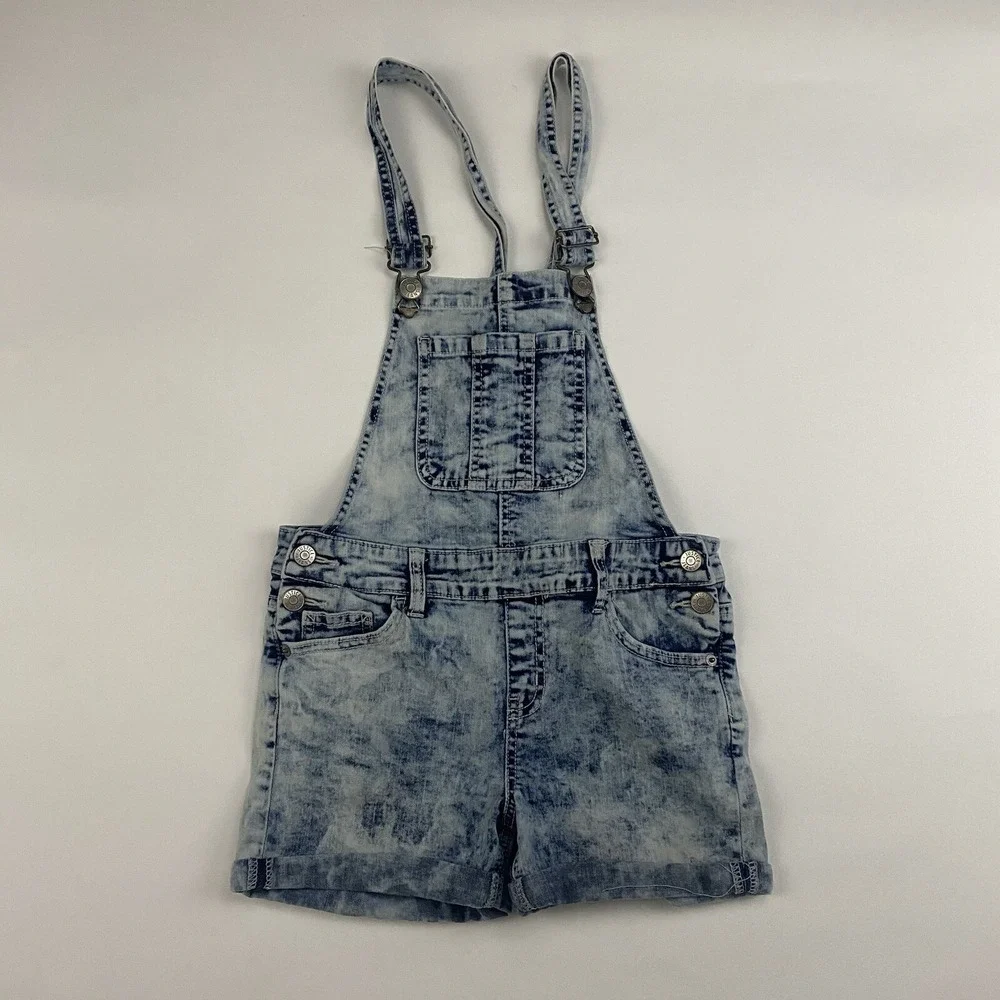 Justice Girls Shortalls Overalls Shorts Sz 12 Denim Blue Jean Acid Wash Stretch